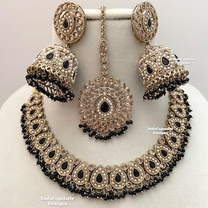 Premium quality Antique Gold Polki Necklace Set/Indian Jewelry/ High Quality Kundan and Polki Jewelry/desi Jewelry/black