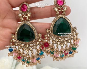 Premium Quality Antique gold Polki Statement Earrings/ Indian Jewelry/ Bollywood Jewelry/ High Quality Jewelry