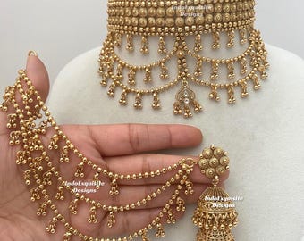 Premium quality Gold plated statement choker set comes with triple jhumki /saharey attatched with jhumki/Real Gold look Indian Jewelry
