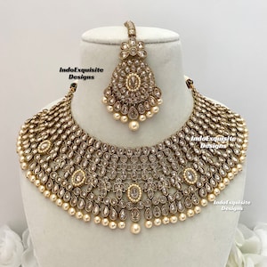 Conjunto de collar Polki de oro antiguo/Conjunto nupcial indio/ Joyería Kundan y Polki de alta calidad/Joyería de Bollywood