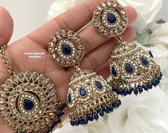 Polki Jhumki Earrings and Tikka Set/ Indian Jewelry/ Bollywood Jewelry/ High Quality Jewelry/ Punjabi Jewelry