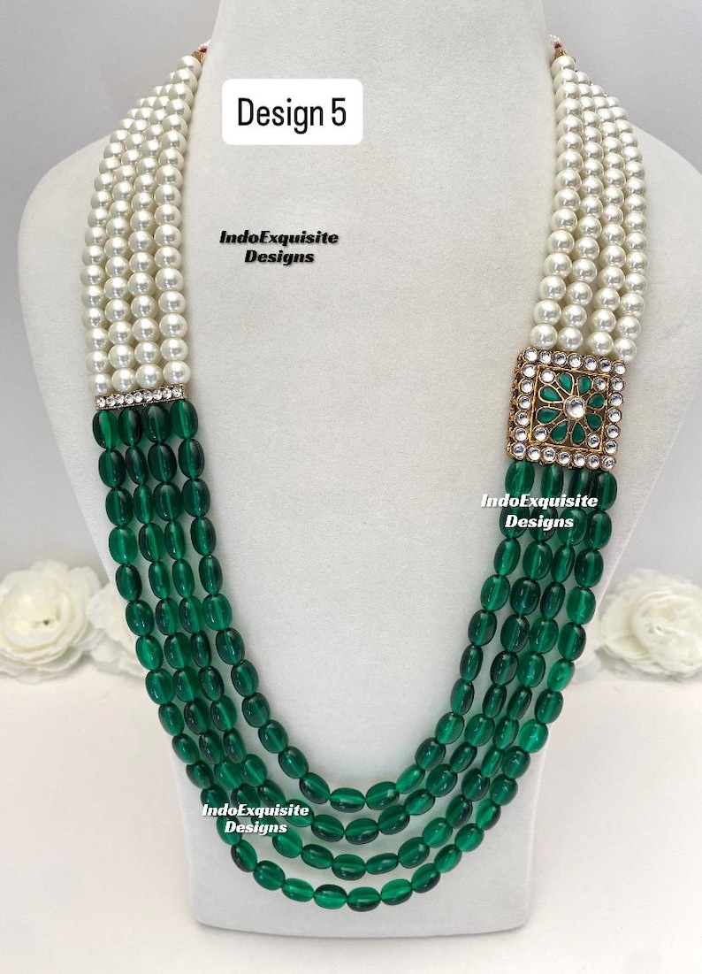Vackra pärlor Flerskiktad grön brudgum mala set/Handpärlhalsband set/Indiska bröllopssmycken/Sherwani Mala bild 5