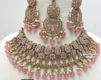 Gorgeous antique Gold Polki Necklace Set with beautiful earrings tikka /Indian Jewelry/ High Quality/Bollywood Jewelry/pink