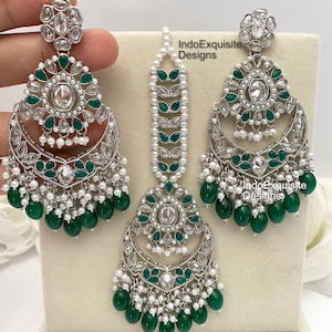 High quality Polki Silver Earrings and Tikka Set/ Indian Jewelry/ Bollywood Jewelry/ High Quality Jewelry/ Silver reverse ad tikka set