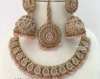 Premium quality Antique Gold Polki Necklace Set/Indian Jewelry/ High Quality Kundan and Polki Jewelry/Bollywood Jewelry/pink