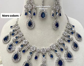 Silver combinations American Diamond Necklace Set/CZ Necklace/Indian Jewelry/ Statement AD necklace set/Reception necklace set