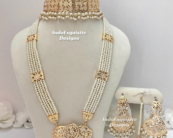 Jadau choker set and Rani haar combo/ Indian bridal set/Punjabi Necklace Set/Hyderabadi jewelry/ Pearls choker and Rani haar