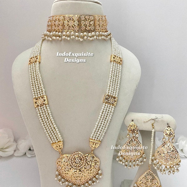 Jadau choker set and Rani haar combo/ Indian bridal set/Punjabi Necklace Set/Hyderabadi jewelry/ Pearls choker and Rani haar
