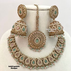 Premium-Qualität Antikes Gold Polki Halsketten-Set / indischer Schmuck / hochwertiger Kundan und Polki Schmuck / rosa Minze / rosa Salbeigrün / rosa Pista