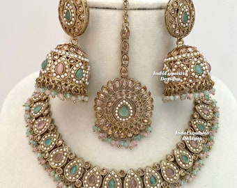 Premium quality Antique Gold Polki Necklace Set/Indian Jewelry/ High Quality Kundan and Polki Jewelry/pink mint/pink sage green/pink pista