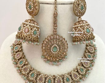 Ensemble de colliers polki en or antique de qualité supérieure/bijoux indiens/bijoux Kundan et Polki de haute qualité/menthe rose/rose vert sauge/rose pista