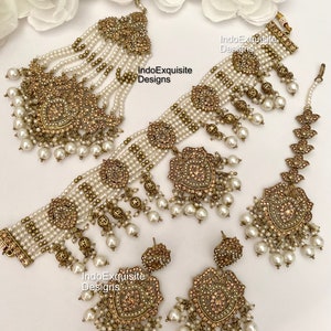Elegant Antique gold Pakistani  choker Set/Pakistani bridal set with Jhoomer/ Passa/high quality jewelry/Reception