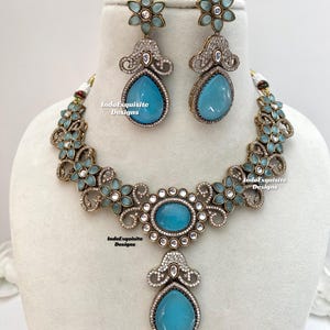 Sabyasachi inspired premium quality uncut moissanite Kundan necklace set/wedding reception set/sky blue/turquoise/ferozi