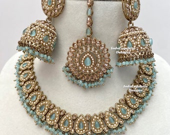 Premium quality Antique Gold Polki Necklace Set/Indian Jewelry/ High Quality Kundan and Polki Jewelry/Bollywood Jewelry