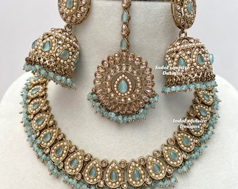 Premium quality Antique Gold Polki Necklace Set/Indian Jewelry/ High Quality Kundan and Polki Jewelry/Bollywood Jewelry
