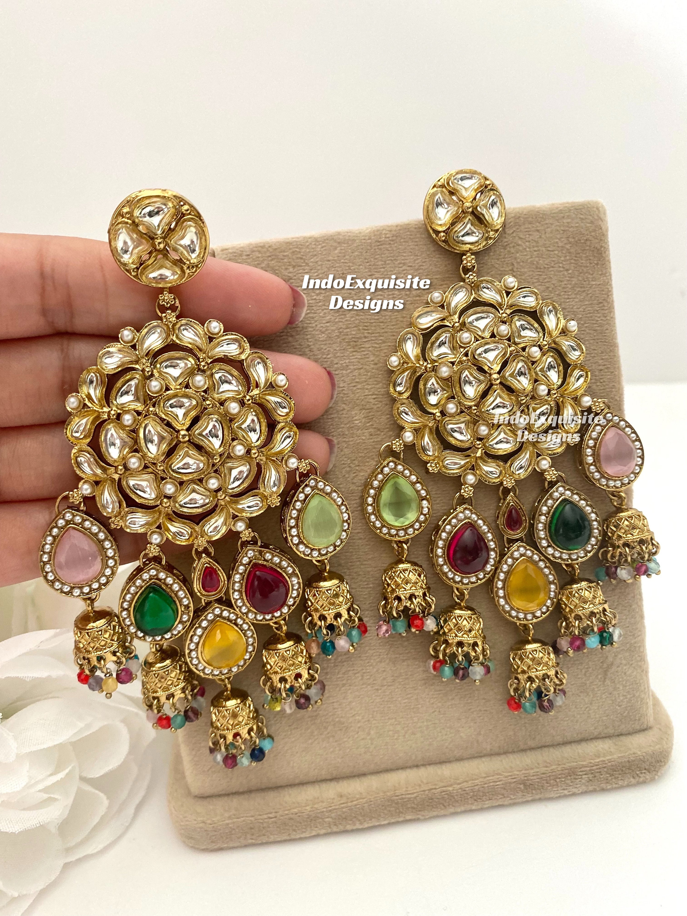 Boucles D'oreilles Bollywood Kundan – Tops Bali – Doré, Pierres Multicolores – Fabriqué En Inde