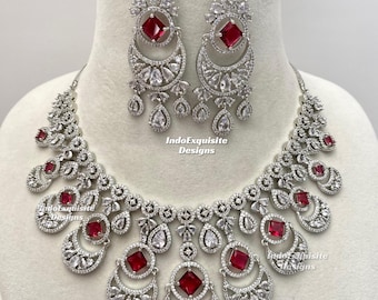Silver combinations American Diamond Necklace Set / CZ Necklace/Indian Jewelry/ Statement AD necklace