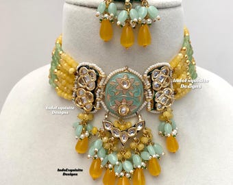 Premium Quality Meenakari  Kundan Choker Set/Indian jewelry/ Bollywood jewelry/ Reception choker/kundan polki choker/yellow mint