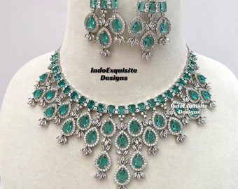 American Diamond Necklace Set/CZ Necklace/Indian Jewelry/ Reception Jewelry/ Bollywood Jewelry/ Statement Necklace Set