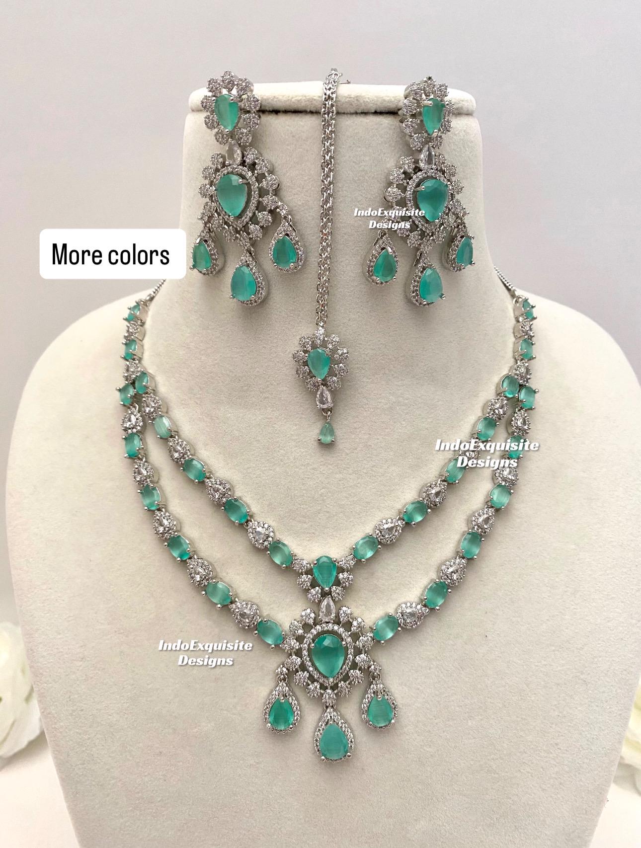 Double Layer American Diamond Silver Combination Necklace Set/cz