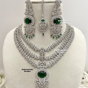 American Diamond Necklace Set / CZ Necklace/Indian Jewelry/triple layered AD necklace/Silver green