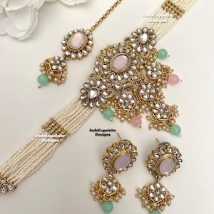 Gorgeous Kundan pearls Choker Set/ Indian Jewelry/unique Kundan choker set/Indian jewelry set/Bridal jewelry/pink mint/pink pista