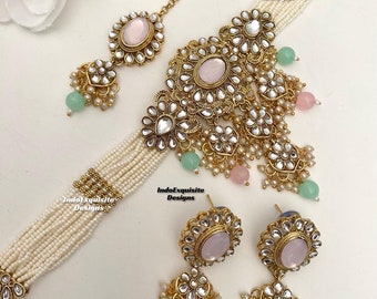 Gorgeous Kundan pearls Choker Set/ Indian Jewelry/unique Kundan choker set/Indian jewelry set/Bridal jewelry/pink mint/pink pista