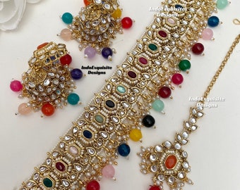 Precioso conjunto de gargantilla Kundan / joyería india / conjunto único de gargantilla Kundan / conjunto de joyería india / joyería nupcial / arco iris / multicolor