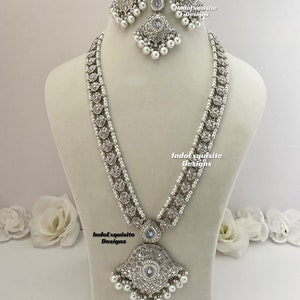 Silver color Polki Raani haar/clear white/Indian Jewelry/ Bollywood jewelry/ bridal long/silver raani Haar