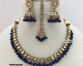 Ensemble de colliers polki en or antique/Bijoux indiens/Collier polki Kundan/Bijoux de haute qualité/bleu marine