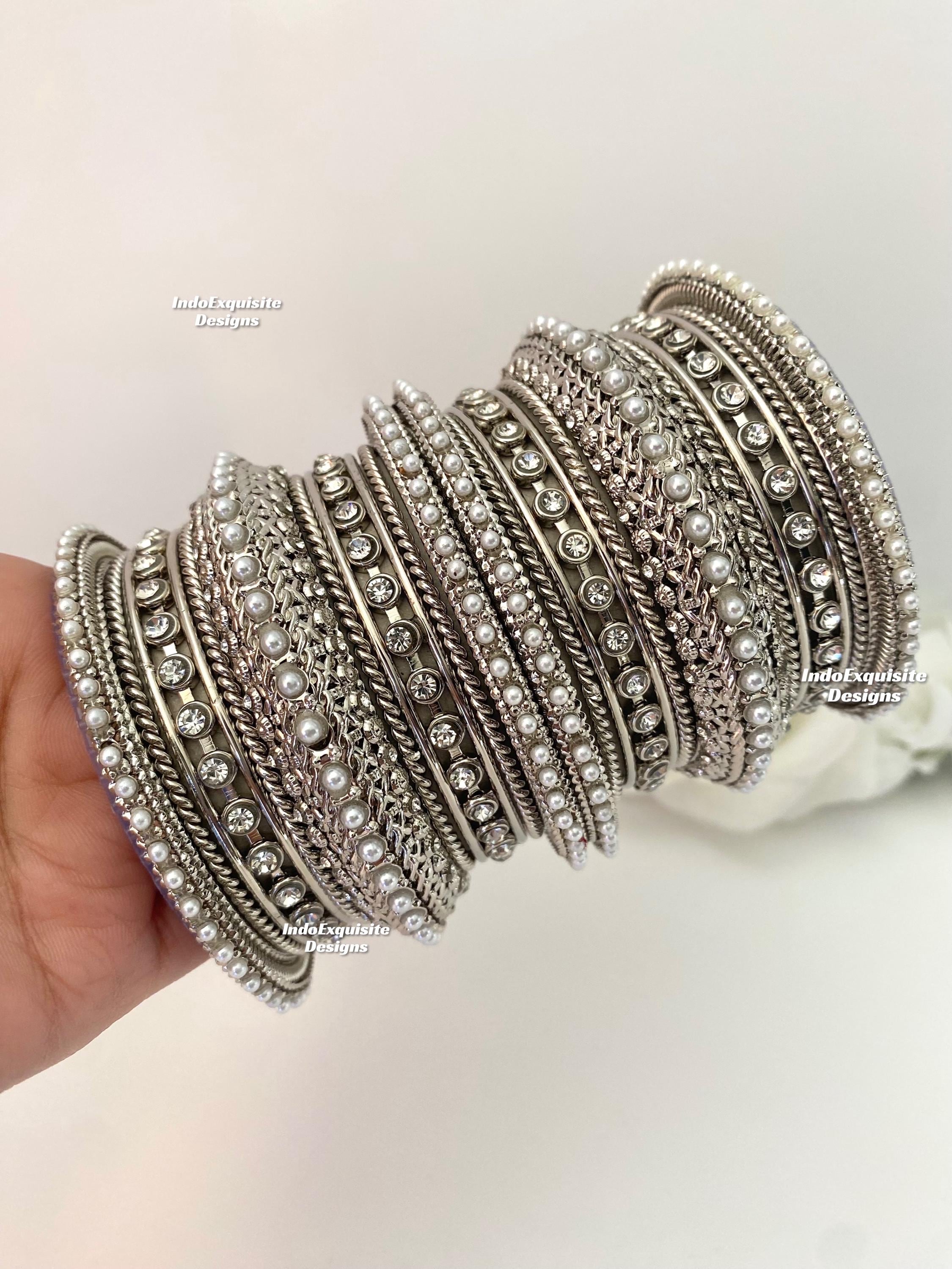 アクセサリー Touareg Silver Bangle indian jewelry Silver Color Bangles Set/pearls and Stones Kade Set/indian Wedding