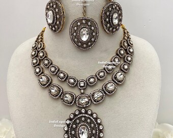 Bollywood style Victorian  Kundan double layer statement necklace set/Indian Jewelry/Kundan and Polki jewelry