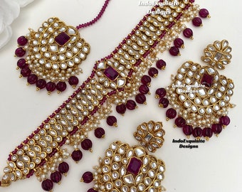 Conjunto de gargantilla Kundan/joyería india/collar de gargantilla de circonio Kundan/gargantilla estilo Bollywood/púrpura vino