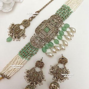 Exclusive Antique gold Polki Choker Set/Indian Jewelry/High quality kundan Polki jewelry/pearls choker set/mint/pista/sage green