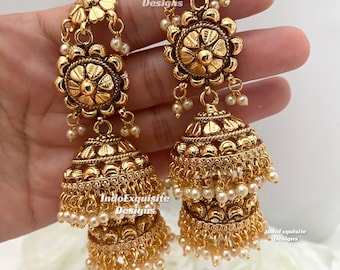 Premium Quality Gold plated double jhumki statement Earrings with attached saharey/Kann chain/ Real gold look jhumki