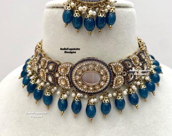 Elegante conjunto de gargantilla con base de oro antiguo y espejo / Joyería india / Joyería Polki con espejo de alta calidad / Conjunto de gargantilla único / Azul Montana