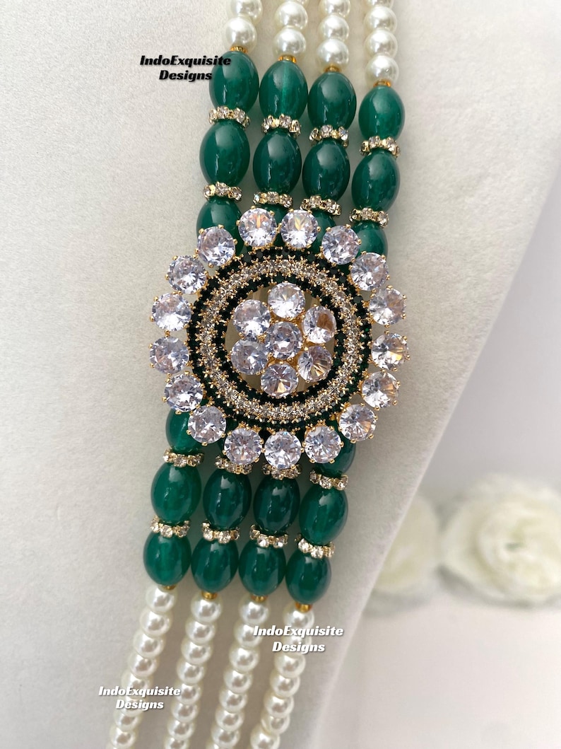 Vackra pärlor Flerskiktad grön brudgum mala set/Handpärlhalsband set/Indiska bröllopssmycken/Sherwani Mala bild 8