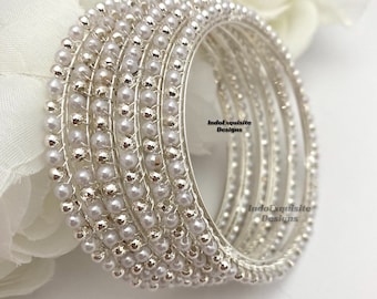 Silver/White Pearls Bangles set of 6/ Pearl Kade/ Bridal Bangles/Punjabi Bangles