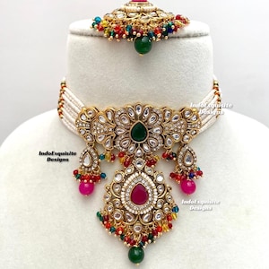 Premium quality kundan pearls Choker Set/ Indian Jewelry/unique Kundan choker set/Indian jewelry set/Bridal jewelry/multi/rainbow/navrattan