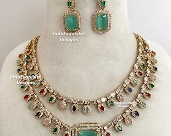 Conjunto de collar de diamantes americanos en oro antiguo y multicolor/collar de circonitas cúbicas/joyería india/doble capa/collar de diamantes americanos de 2 capas