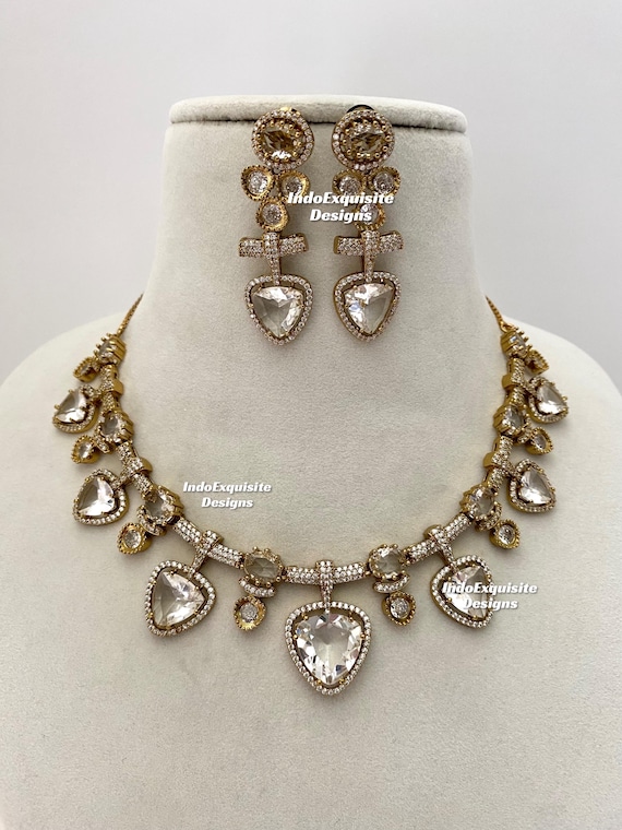 Antique Gold American Diamond necklace Set/ CZ necklace/AD necklace/Reception jewelry/Engagement jewelry