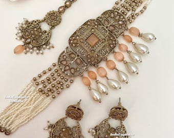 Ensemble exclusif de ras de cou à pois en or antique/bijoux indiens/bijoux kundan polki de haute qualité/ensemble de ras de cou de perles/pêche