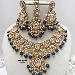 Kundan Necklace Set/Indian jewelry/Kundan Polki Necklace/High quality jewelry/Bollywood style necklace set/ trendy necklace set/navy blue