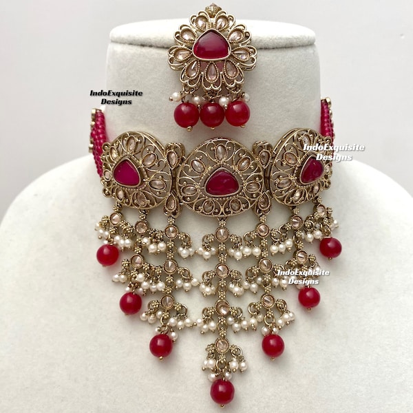 Elegant Antique gold Polki Choker Set/Indian Jewelry/High quality kundan Polki jewelry/pearls choker set/ruby