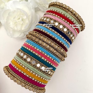 Multi color velvet bangles set with mirror Kade for both hands /Bangles for mehndi/sangeet/jago/ Indian Wedding accessories/Indian Bangles
