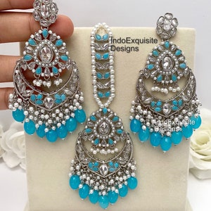 High quality Silver Polki Earrings and Tikka Set/ Indian Jewelry/ Bollywood Jewelry/ High Quality Jewelry/ Silver reverse ad tikka set Firozi