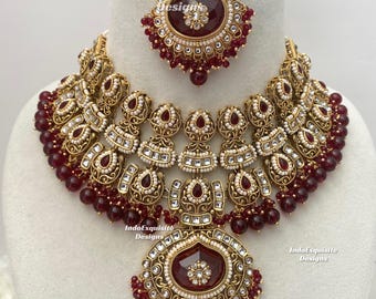 Premium Quality Kundan Maroon Bridal set comes with all accessories /Indian bridal jewelry