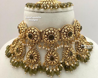 Conjunto de gargantilla chapada en oro de moda de alta calidad/joyería chapada en oro punjabi indio/joyería tradicional/verde oliva/mehndi