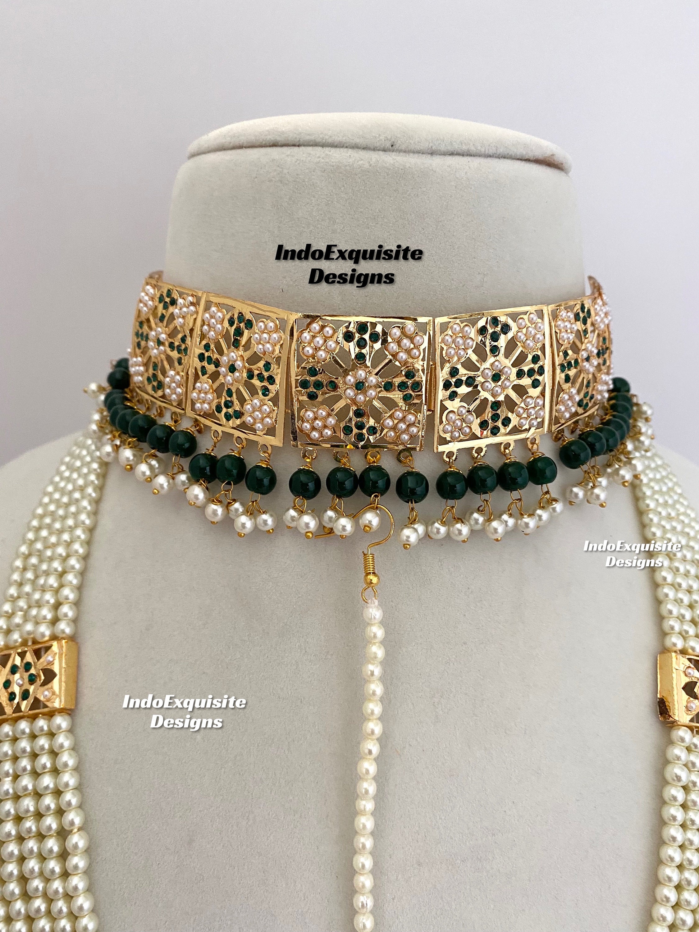 Dazzling Golden Color Pearl Jadau Choker Necklace with Rani Haar and Charming Earrings Tika Set