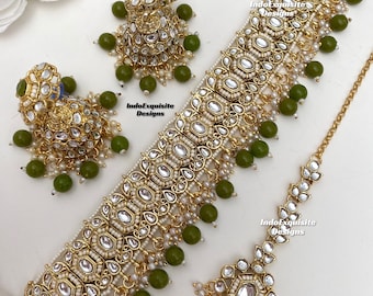 Superbe ensemble ras de cou Kundan/Bijoux indiens/Ensemble ras de cou Kundan unique/Parure de bijoux indiens/Bijoux de mariée/mehndi/vert olive